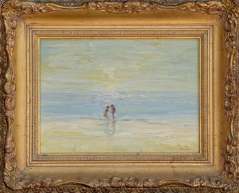 Framed painting of a couple on a beach by Rik Davidson